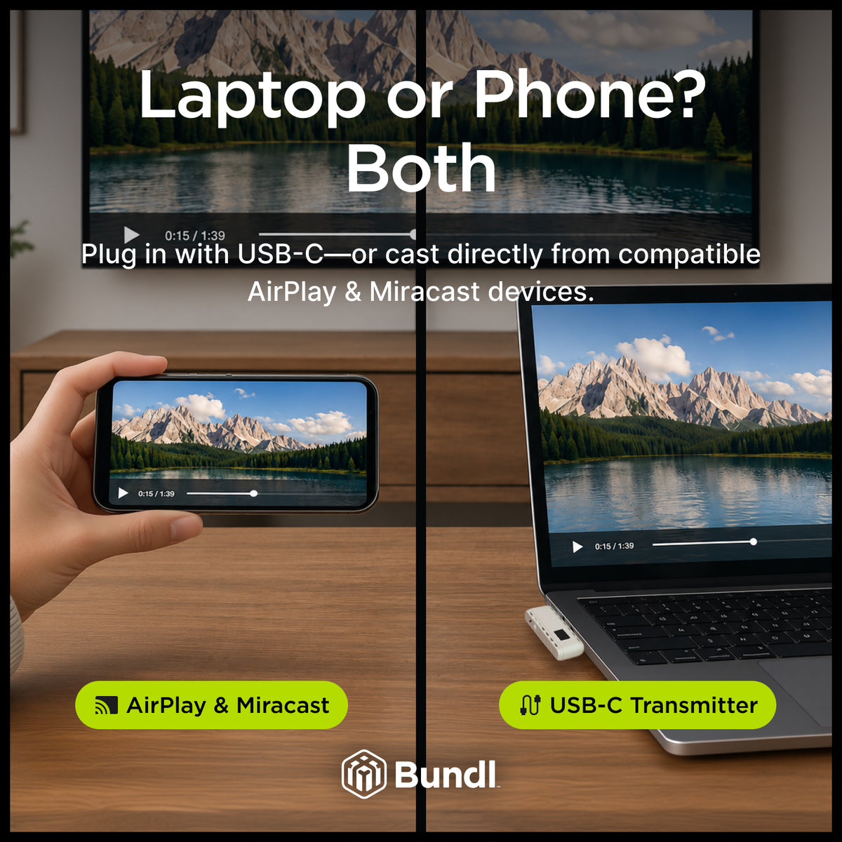 Wireless USB-C Caster for Laptop & Phone to TV – 1080p, 90 ft, AirPlay & Miracast